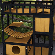 Four Tier Wooden Outdoor Cat House with Balcony and Escape Doors for Feral Cats, Grey