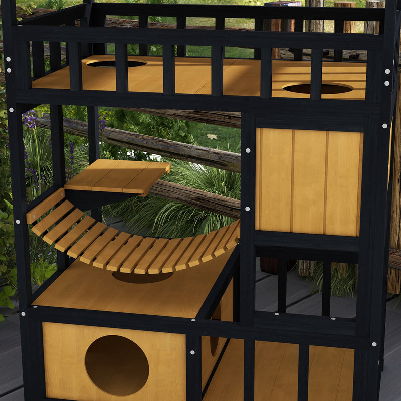 Four Tier Wooden Outdoor Cat House with Balcony and Escape Doors for Feral Cats, Grey