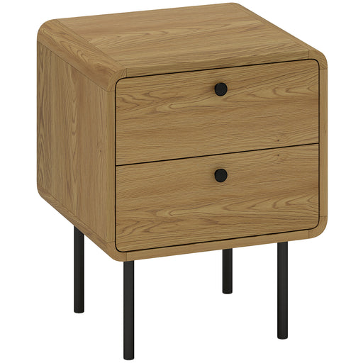 Bedside Table with Two Drawers and Steel Legs for Bedroom Storage Oak