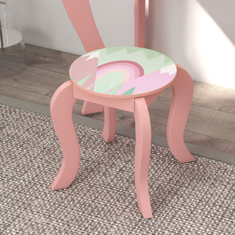 Kids Toddler Bed Frame and Dressing Table Set with Mirror and Stool for Ages 3 to 6 Pink AOSOM