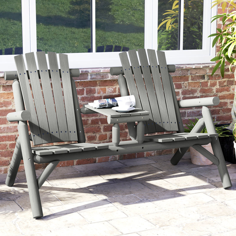 Grey Wooden 2 Seater Garden Bench with Centre Coffee Table by Outsunny