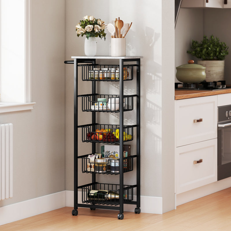 Mobile Kitchen Island with Five Storage Baskets and Lockable Wheels for Easy Movement Grey Black