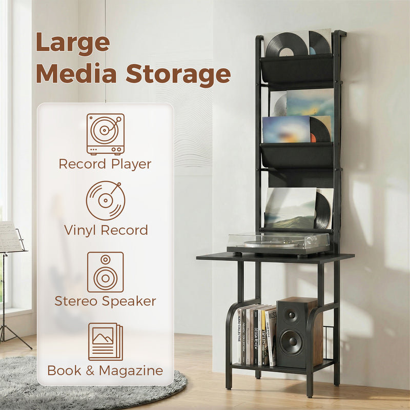 Tall Media Stand for Organising Vinyl Records and CDs with Space Saving Vertical Design Black Homcom