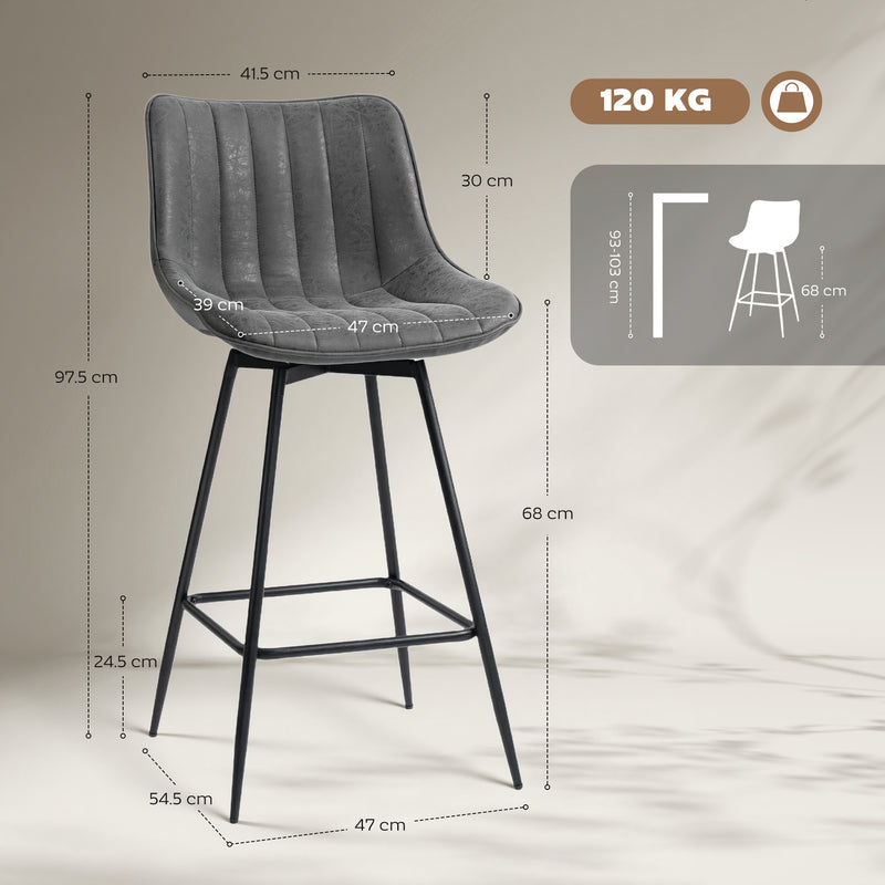 Set of 2 Faux Leather Swivel Bar Stools with Adjustable Height for Kitchen Island Grey