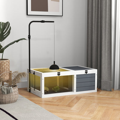Wooden Tortoise Table with Adjustable Lamp Holder and Storage Trays for Indoor Use, Grey