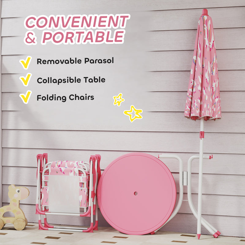 Kids Garden Table and Chair Set with Umbrella for Outdoor Playtime 4 Piece Pink AOSOM
