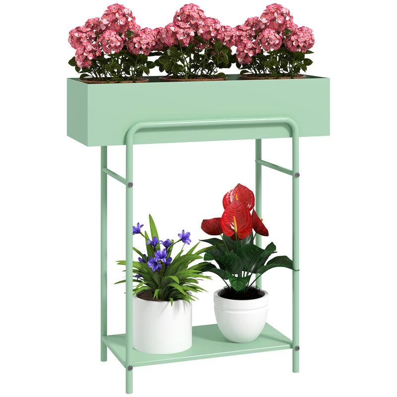 Green 2 Tier Metal Plant Stand with Drain Holes for Indoor and Outdoor Use by Outsunny