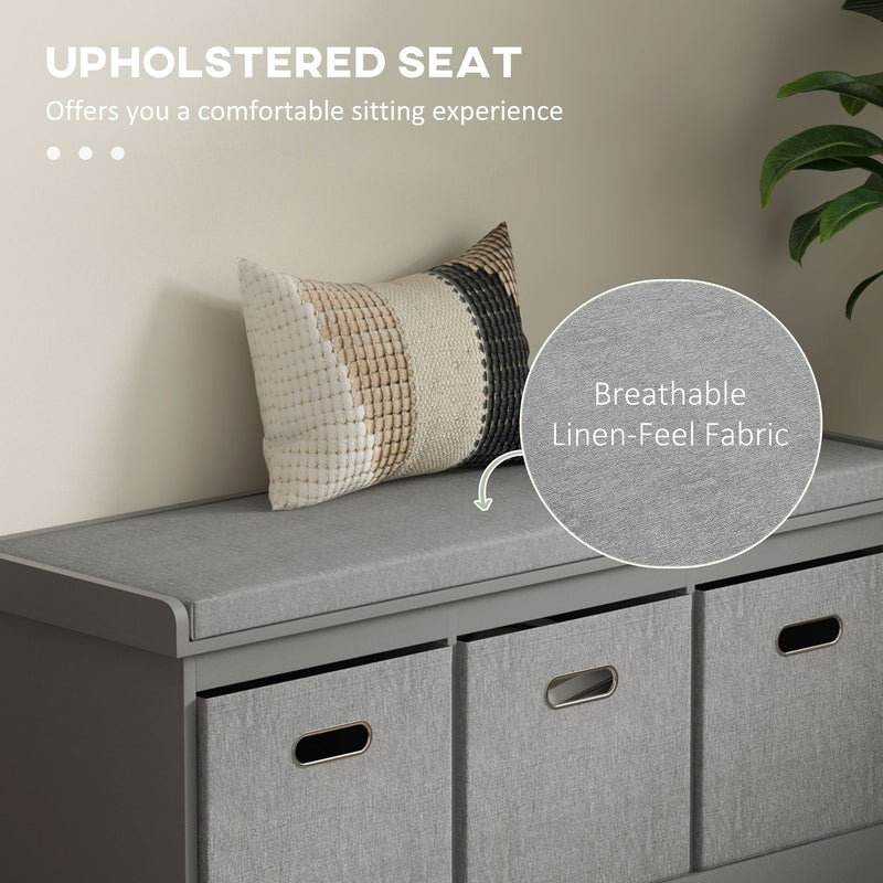 Three Drawer Shoe Storage Bench With Padded Seat Ideal For Hallway or Entryway Grey