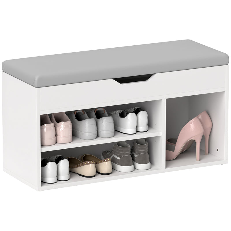 Cream White Entryway Shoe Storage Bench With Padded Seat and Hidden Compartments by HOMCOM