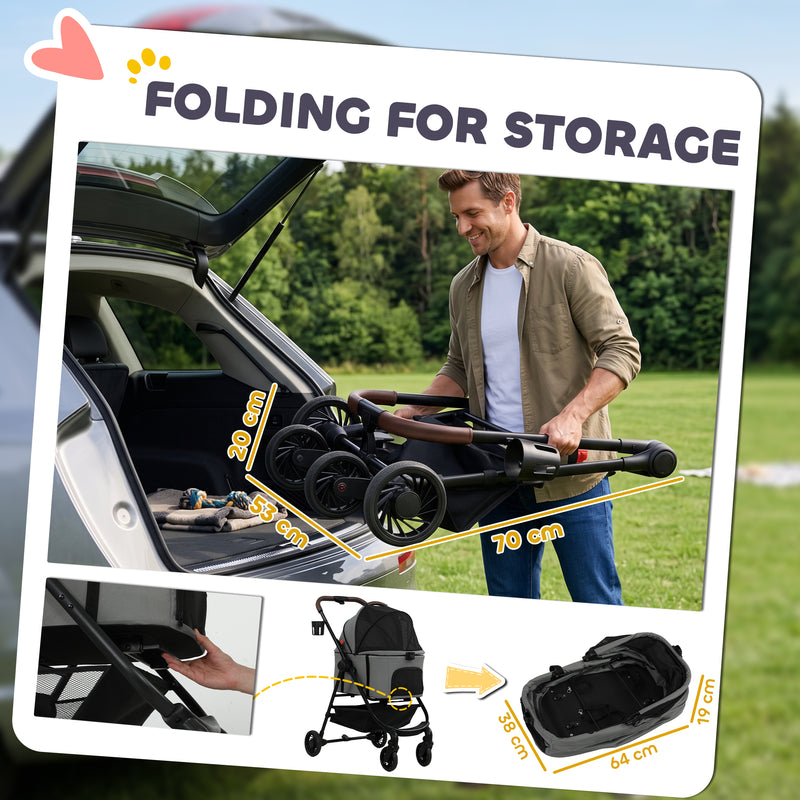 3-in-1 Pet Stroller for Small Dogs or Cats with Foldable Frame and Washable Cushion Grey Black Pawhut