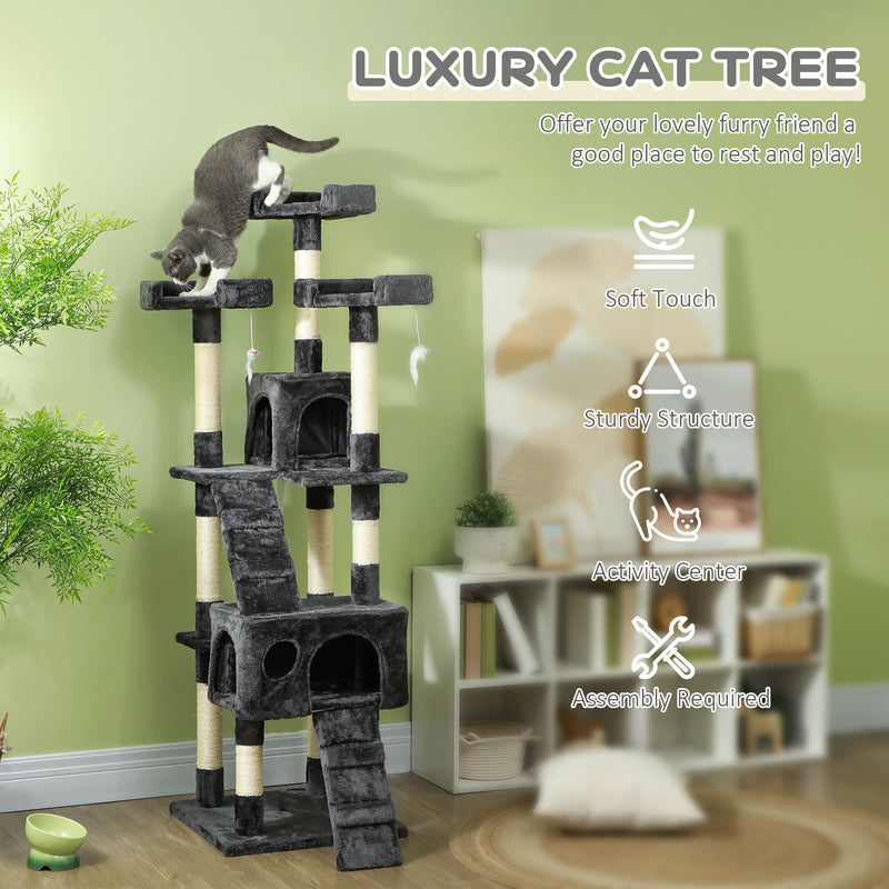 Multi Level Cat Tree Tower With Scratching Posts And Hideaway For Indoor Cats Grey