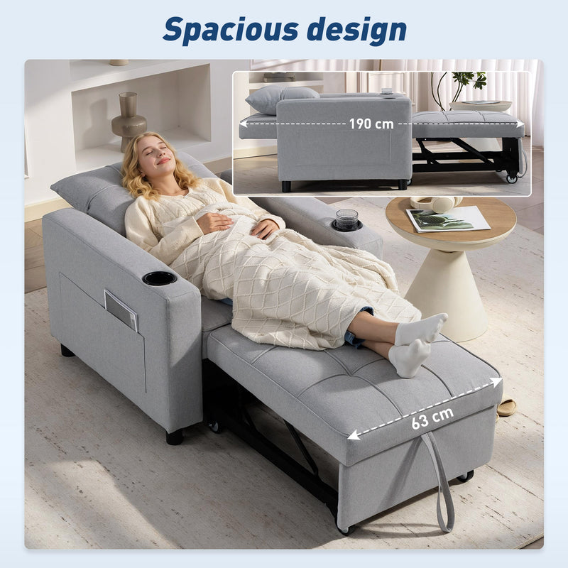 3 in 1 Convertible Single Sofa Chair Bed Ideal for Guest Rooms and Small Spaces Light Grey