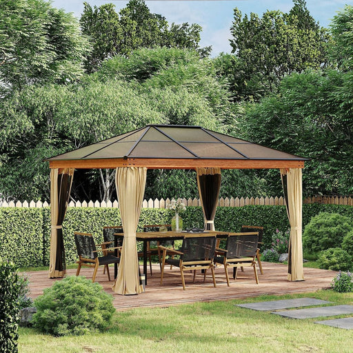 A Modern Garden Gazebo With a Polycarbonate Roof and Curtains on a patio 