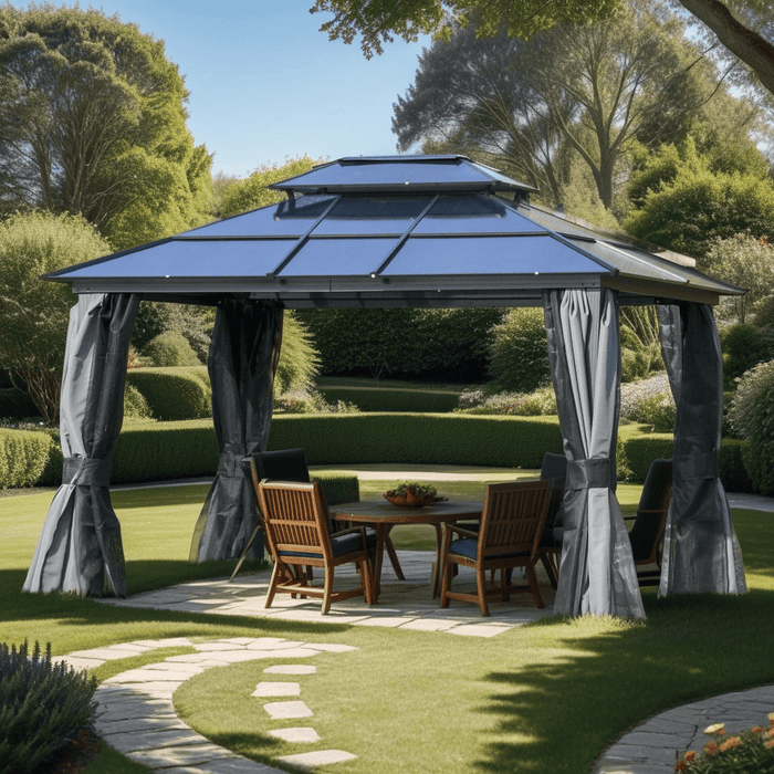 Contemporary Garden Gazebo With Hard Roof, Privacy Curtains, 3.6x3m