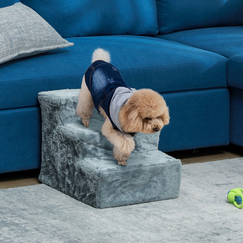 Three Step Dog Stairs With Washable Plush Cover For High Beds And Sofas Light Grey By PawHut