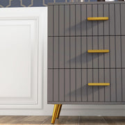 Three Drawer Bedroom Dresser with Embossed Lines for Stylish Storage Grey and Gold