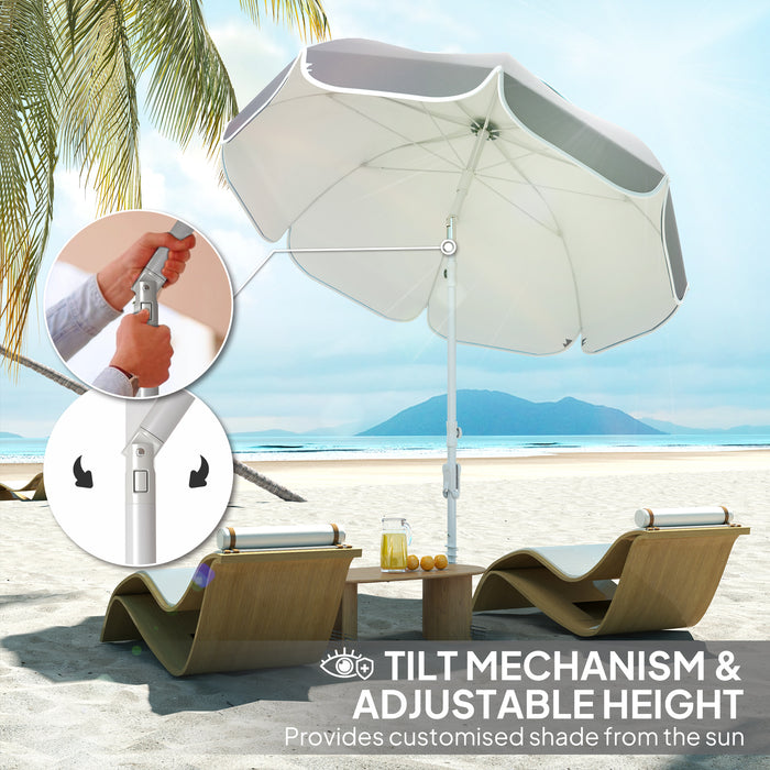 Grey Beach Umbrella with Sand Anchor Adjustable Tilt UPF50+ UV Protection and Carry Bag by Outsunny