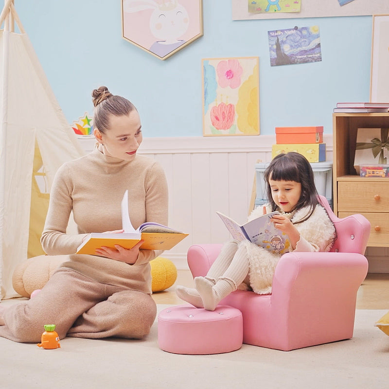 Kids PU Leather Armchair with Footstool Ideal for Reading or Relaxing, Pink