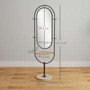 Full Length Oval Mirror with Wooden Storage Tray and 4 Coat Hooks for Hallway, Black
