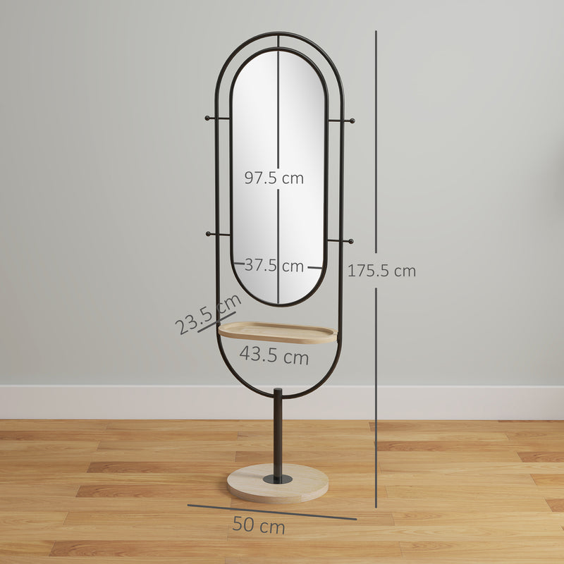 Full Length Oval Mirror with Wooden Storage Tray and 4 Coat Hooks for Hallway, Black