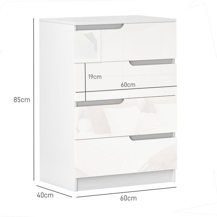 White Chest of 4 Drawers with High Gloss Front for Bedroom or Living Room by HOMCOM