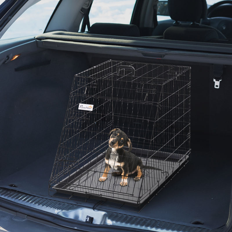Collapsible Dog Travel Cage with Removable Tray and Trapeze Design Perfect For Hatchback Cars 93 x 58 x 65cm by PawHut