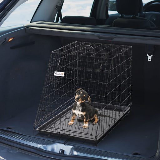 Collapsible Dog Travel Cage with Removable Tray and Trapeze Design Perfect For Hatchback Cars 93 x 58 x 65cm by PawHut