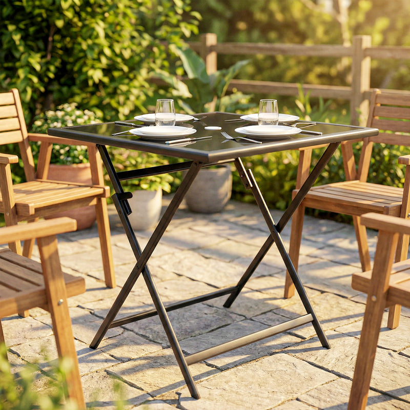Foldable Square Garden Dining Table with Parasol Hole for Outdoor Meals and Easy Storage, Black Outsunny