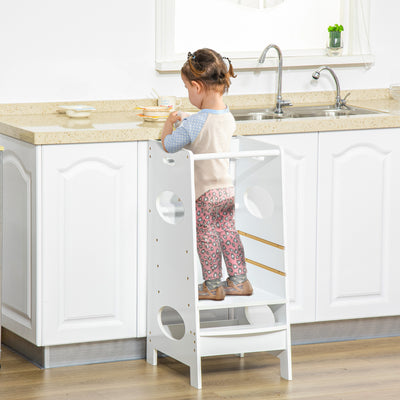White Toddler Step Stool With Safety Rail Adjustable Kitchen Helper Tower For Kids