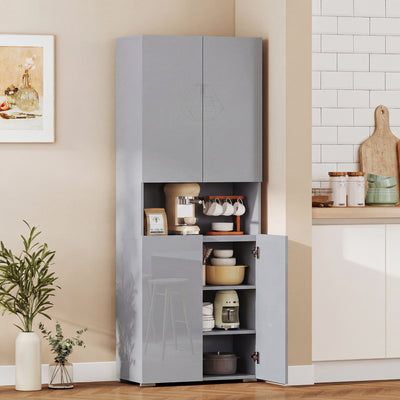 Tall Cupboard For Kitchen Storage with Adjustable Shelves and Soft Close Doors Modern Grey High Gloss 68x34x180cm Homcom