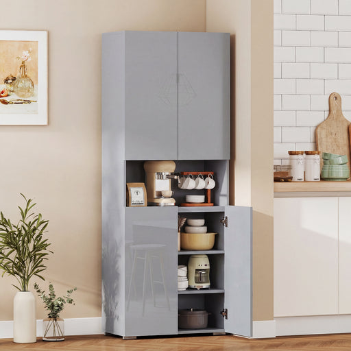 Tall Cupboard For Kitchen Storage with Adjustable Shelves and Soft Close Doors Modern Grey High Gloss 68x34x180cm Homcom
