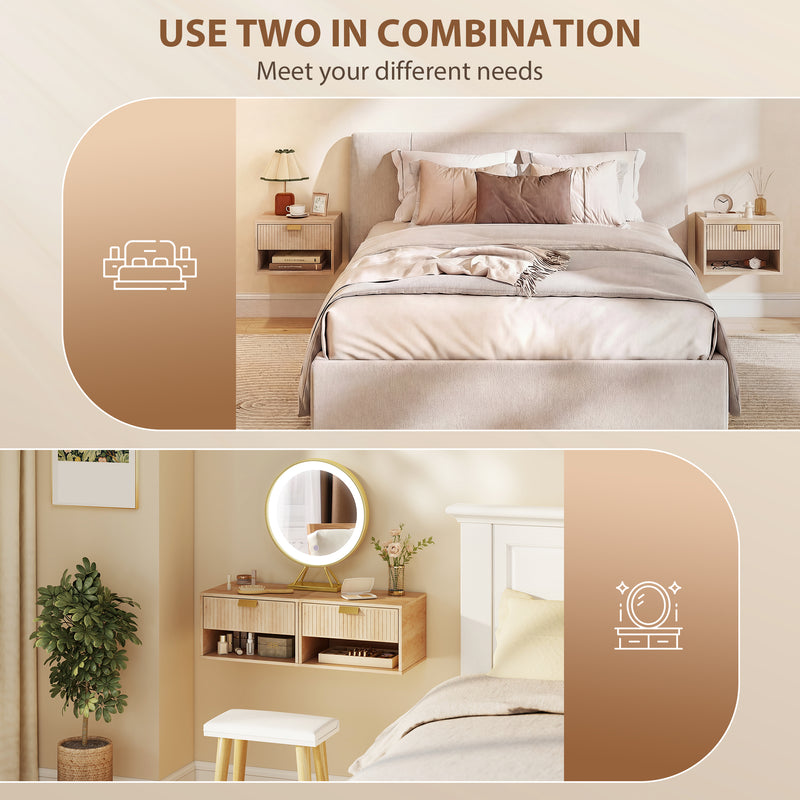 Floating Bedside Tables Set of 2 with Hidden Drawer and Shelf for Space Saving Oak AOSOM