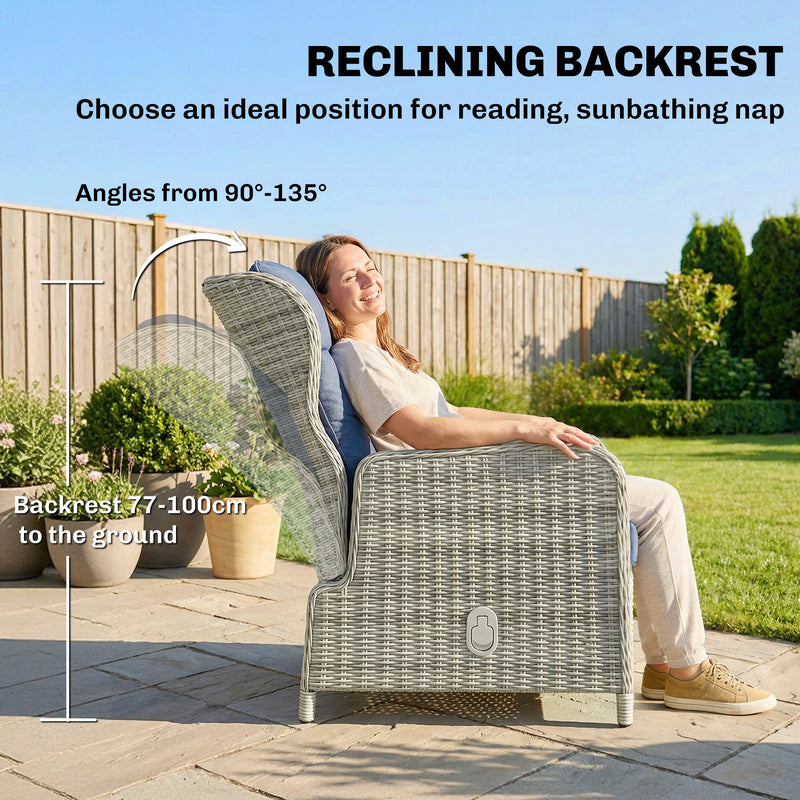 Deluxe Rattan Garden Bistro Set for 2 with Reclining Chairs Footstools and Table, Grey