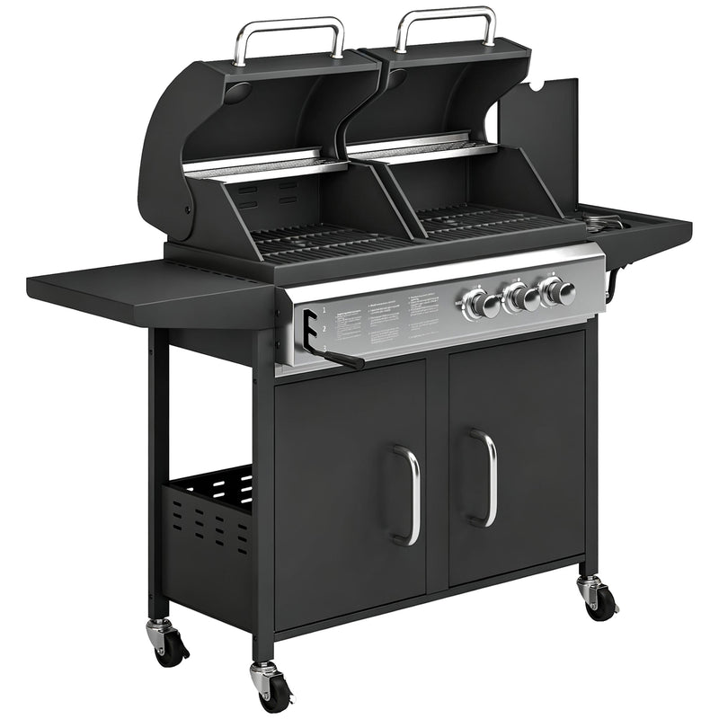 Dual Fuel BBQ Grill with 2900cm² Cooking Area, Side Burner and Storage Cabinet, Black Outsunny