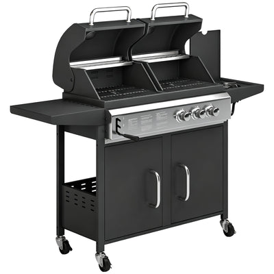 Dual Fuel BBQ Grill with 2900cm² Cooking Area, Side Burner and Storage Cabinet, Black Outsunny