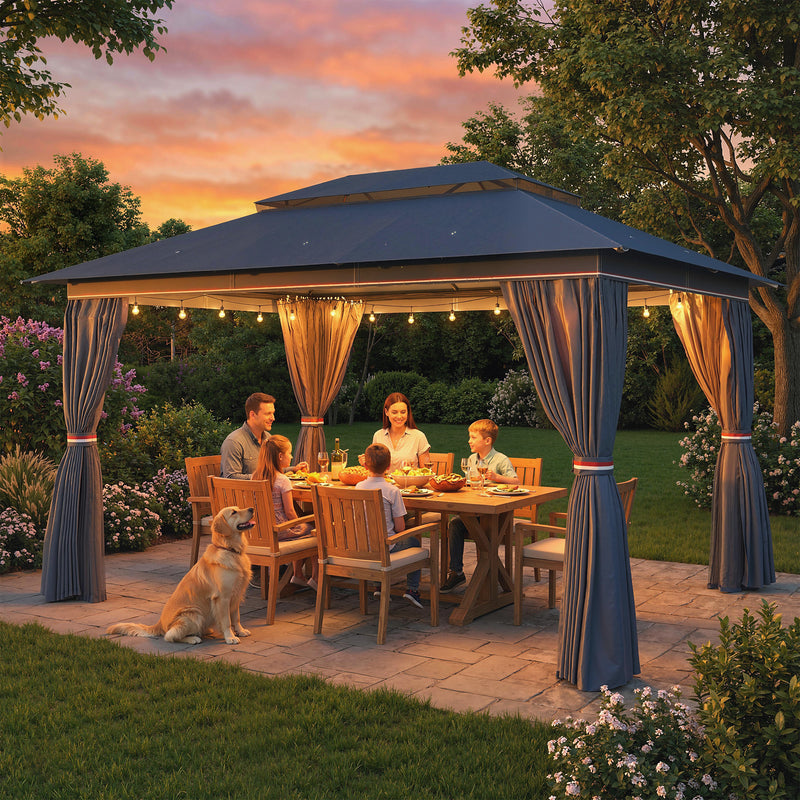 3x3m Metal Garden Gazebo with Curtains and Mesh Netting for Year Round Privacy and Shade, Dark Blue Outsunny