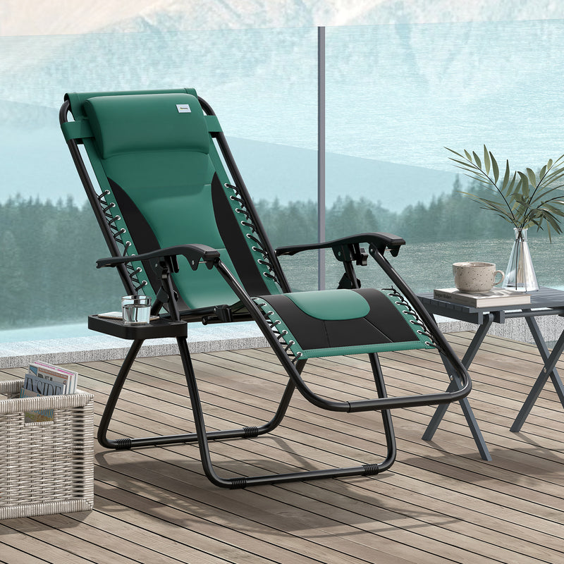 Green Zero Gravity Reclining Outdoor Lounger with Padded Seat Cup Holder and Headrest by Outsunny