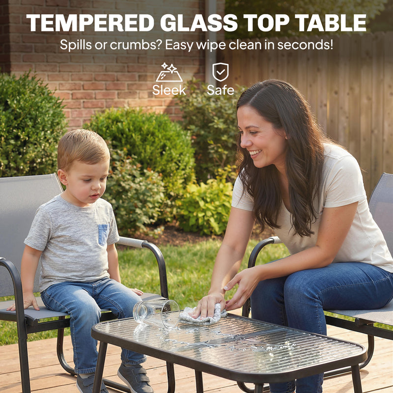4 Piece Garden Furniture Set with Breathable Mesh Seats and Glass Table. Grey/Black