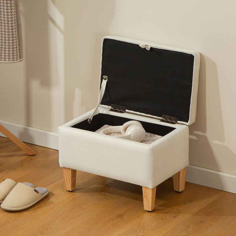 Beige Linen Storage Ottoman 16L with Padded Seat and Rubberwood Legs for Bedroom Use - 49W x 33D x 36H cm