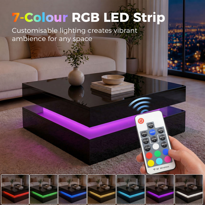 Coffee Table with LED Lighting and Open Storage Shelf for Tidy Living Room High Gloss Black