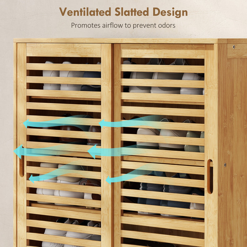 Hallway Shoe Cupboard with Sliding Louvered Doors, Recessed Handled, Adjustable Shelves, Natural