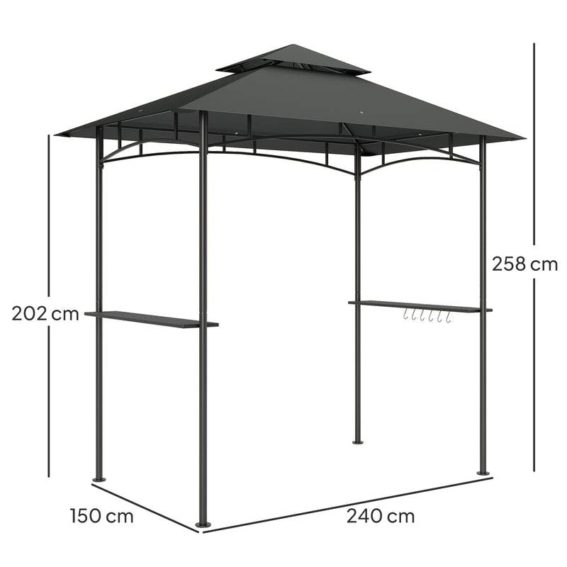 8 x 5 ft Grill Gazebo Double Tier BBQ Shelter with LED Lights Shelves and Hooks Dark Grey by Outsunny
