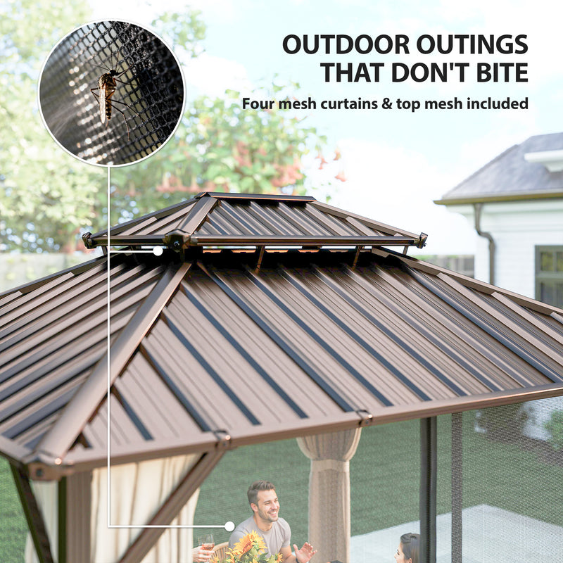 3.6 x 3m Metal Gazebo with Metal Roof, Privacy Curtains and Insect Netting for Year Round Shelter, Brown & Black