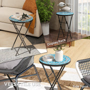 Blue Round Mosaic Garden Side Table 35.5cm Folding Metal Frame for Balcony or Patio