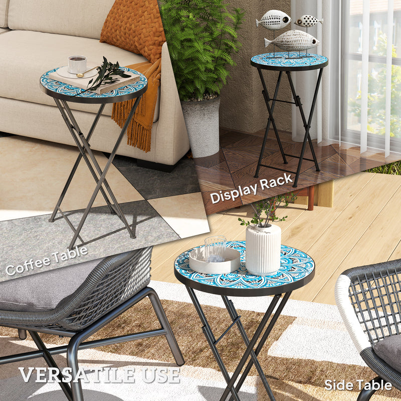 Blue Round Mosaic Garden Side Table 35.5cm Folding Metal Frame for Balcony or Patio