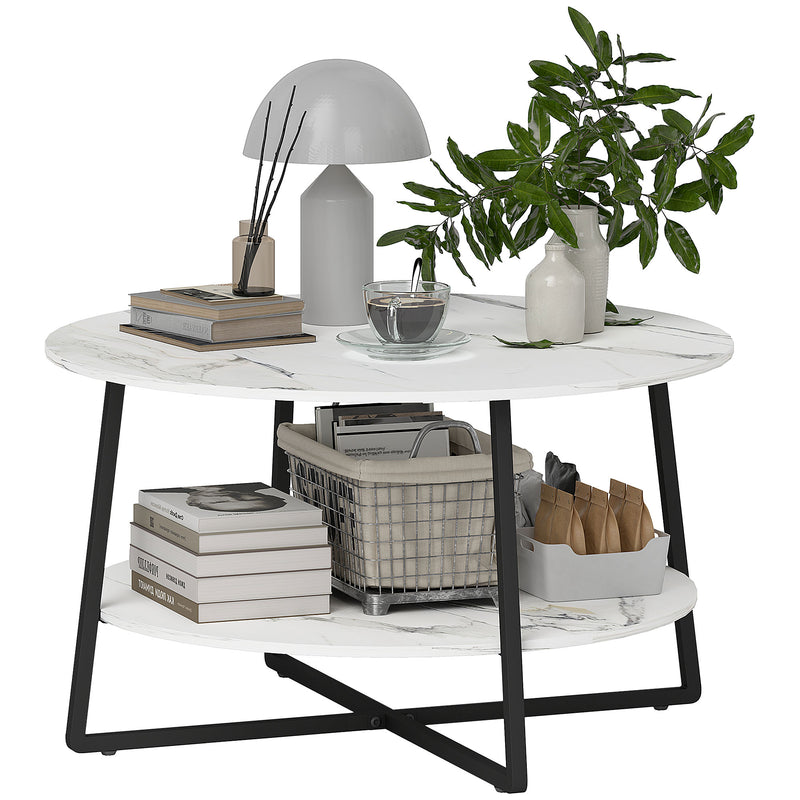 Two Tier Marble Effect Round Coffee Table With Black Legs For Living Room by HOMCOM