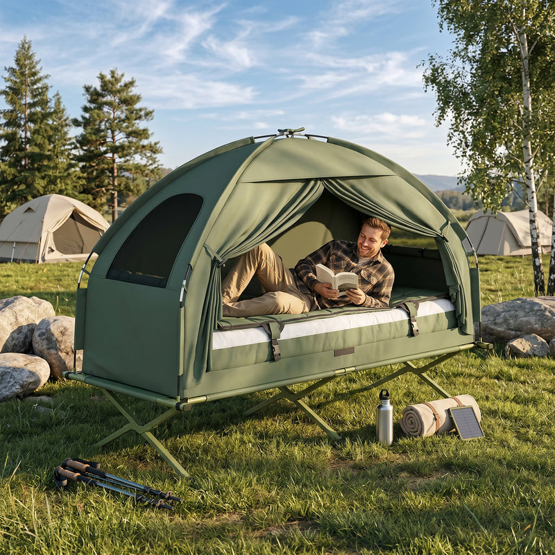 Outsunny 1 person Foldable Camping Tent w/Sleeping Bag Air Mattress Outdoor Hiking Picnic Bed cot w/Foot Pump
