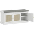 Shoe Storage Bench With Woven Rattan Doors And Padded Seat For Hallway, White, 105x35x47cm Homcom