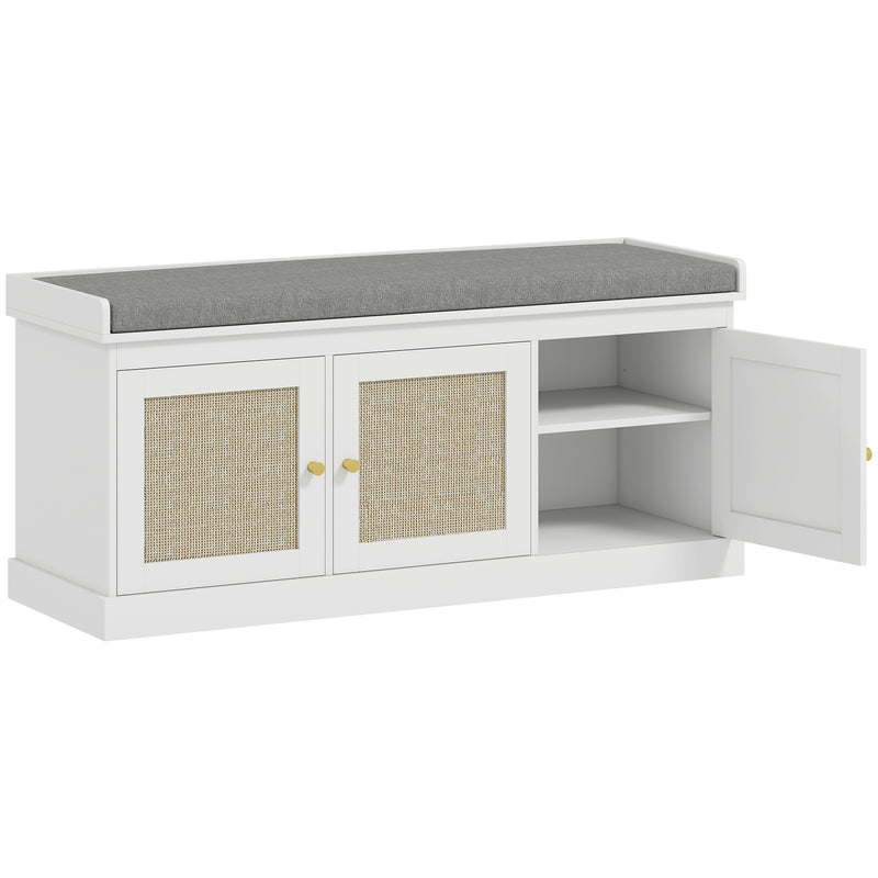 Shoe Storage Bench With Woven Rattan Doors And Padded Seat For Hallway, White, 105x35x47cm