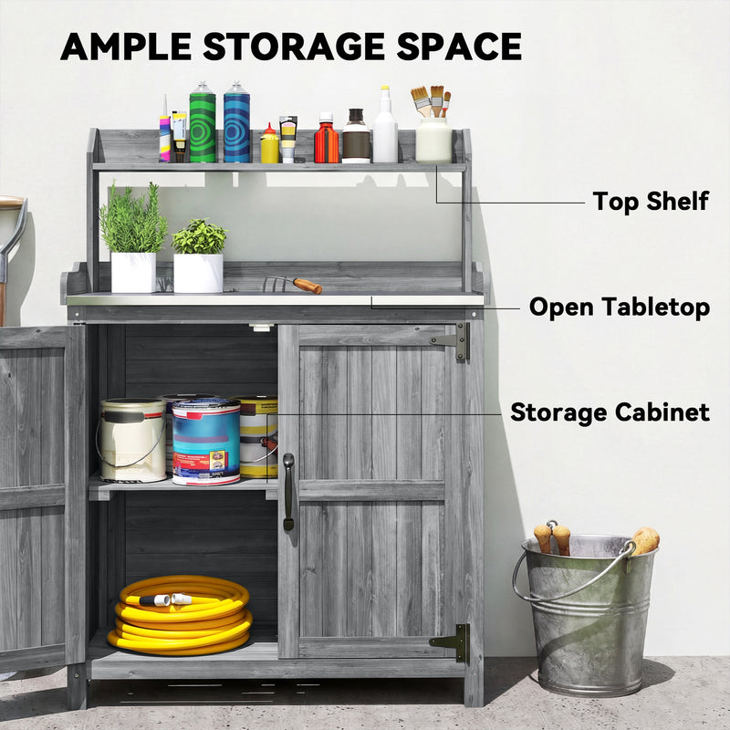 Grey Wooden Garden Potting Bench with Metal Worktop and Storage Cupboard for Outdoor Organisation